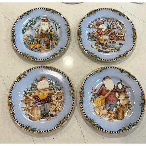 Set of 4 Vintage Sakura Debbie Mumm Woodland Santa 8” Salad Dessert Plates - Picture 1 of 7